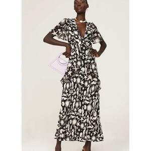 RIXO Dress Evie Silk Seahorse Ocean Print Ruffle Maxi Black White Size Large 10